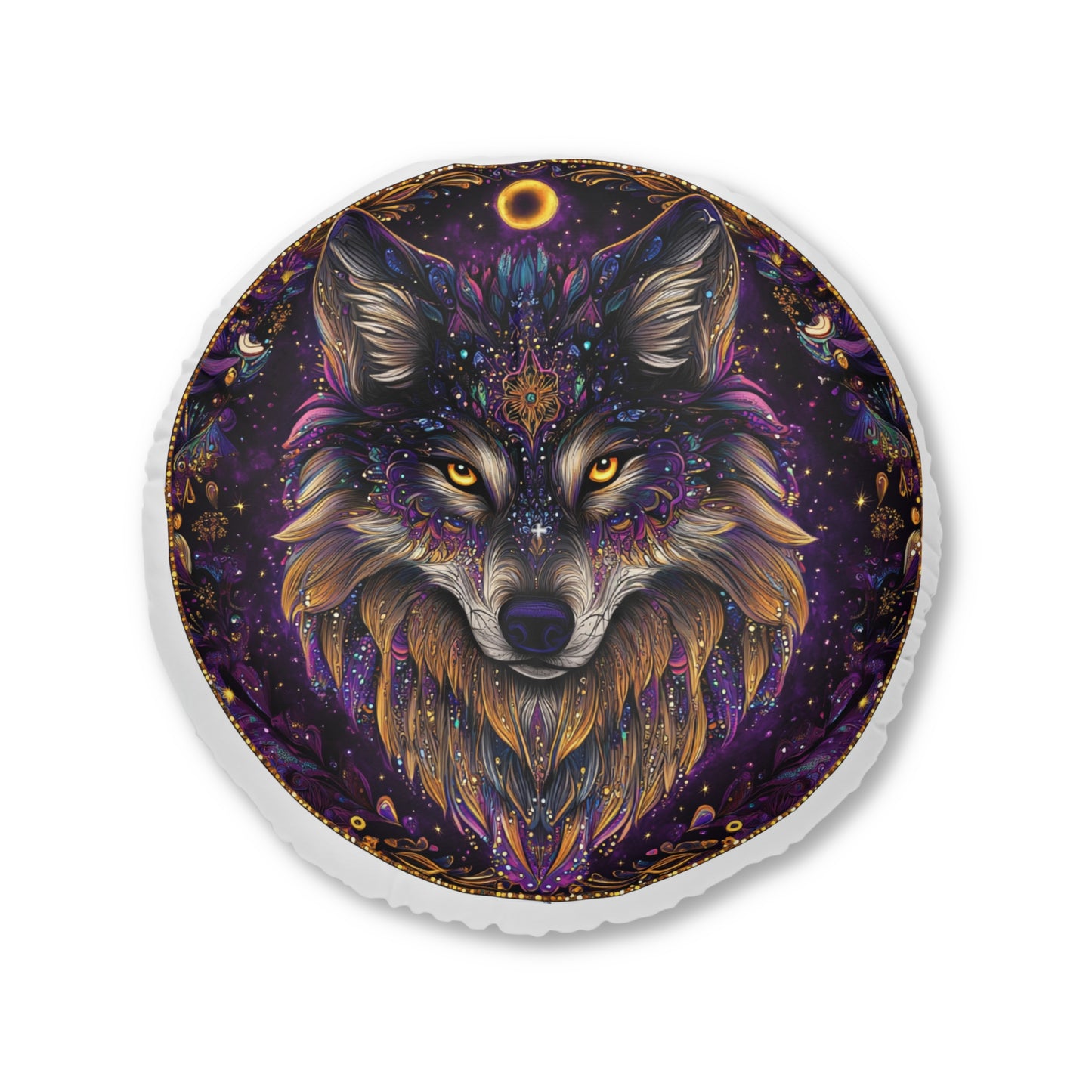 Mystical Wolf Tufted Floor Pillow, Round Decorative Cushion, Boho Living Room Decor, Cozy Meditation Pillow, Unique Gift Idea