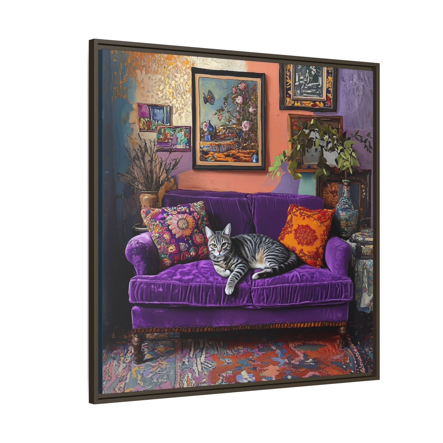 Tabby "House Cat" on Purple Velvet Sofa Matte Canvas Framed | Wall Art