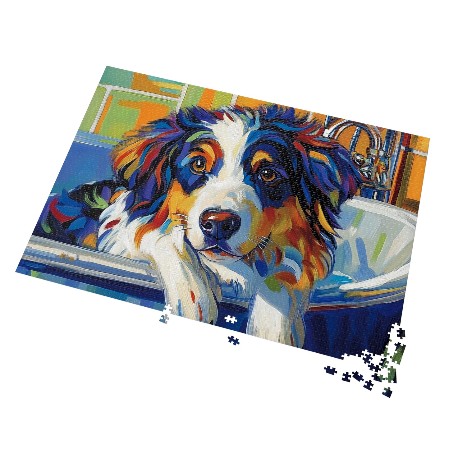 Bathtub Puppy Aussie Dog Jigsaw Puzzle with Tin | 500pc Painted Pet Art, Australian Shepherd Gift
