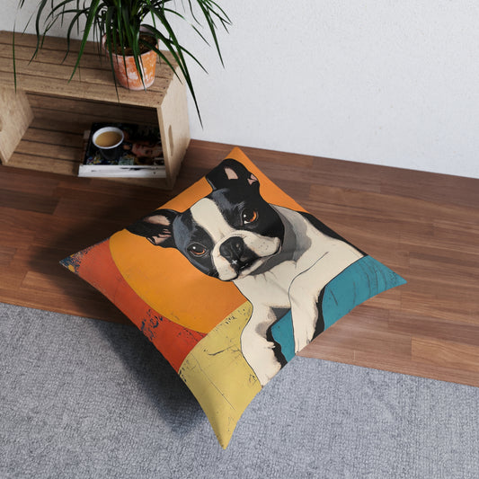 Mid Century Modern Boston Terrier Gift Tufted Floor Pillow | Retro Sunset Pet Portrait