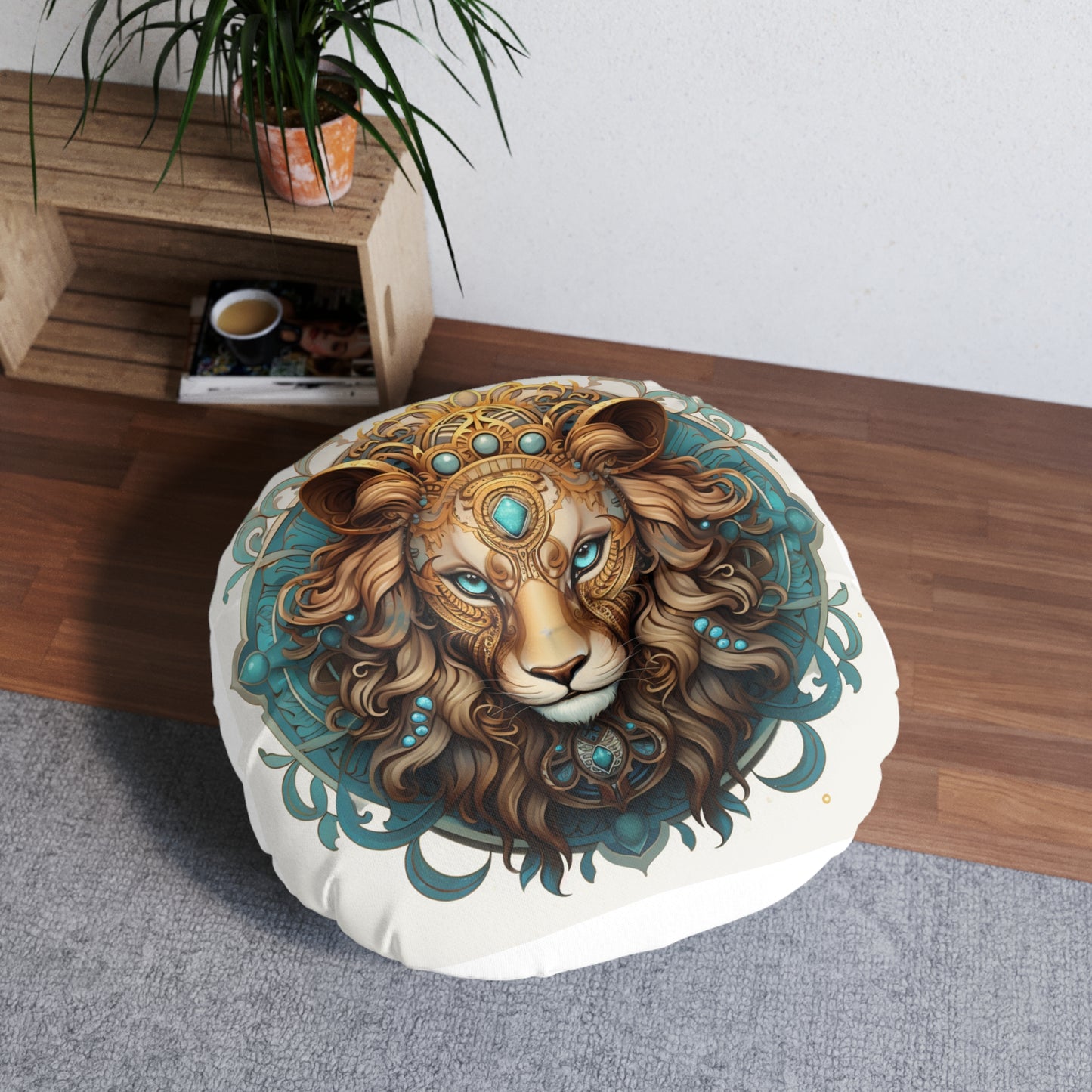 Majestic Lion Tufted Floor Pillow, Bohemian Home Decor, Round Cushion, Nursery Accent, Pet Bed, Gift for Animal Lovers