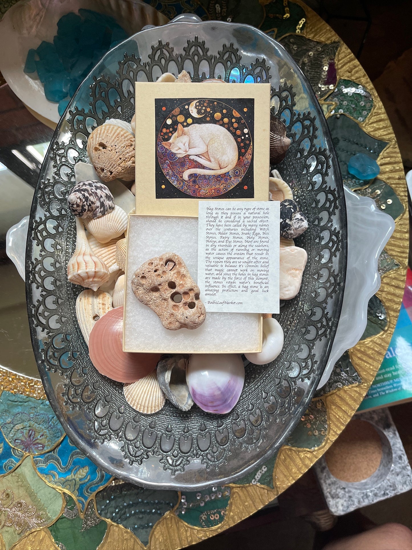 Unique Beige Hagstone with Mystical Cat Gift Box
