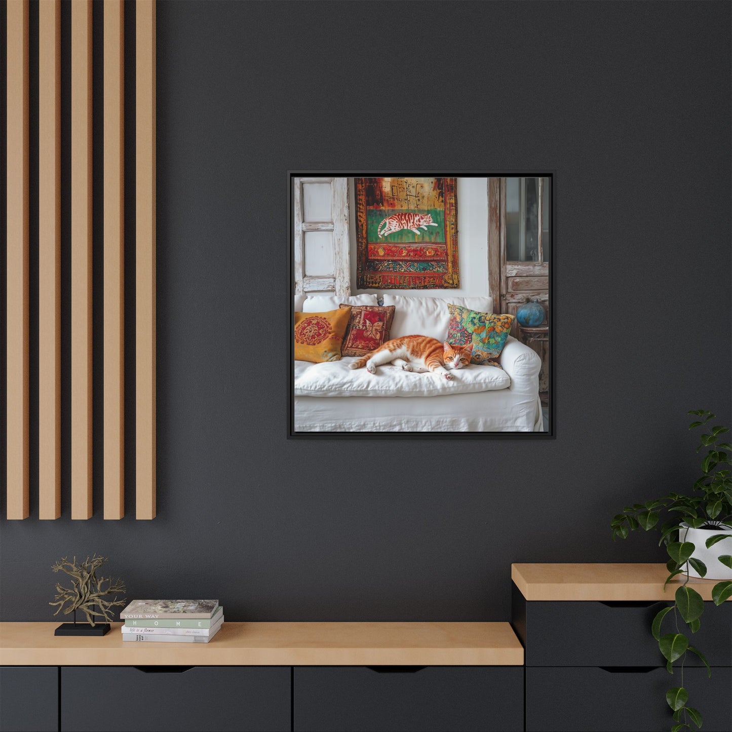 Orange Tabby "House Cat" Sleeping Ginger Cat Sofa Photo Framed Canvas