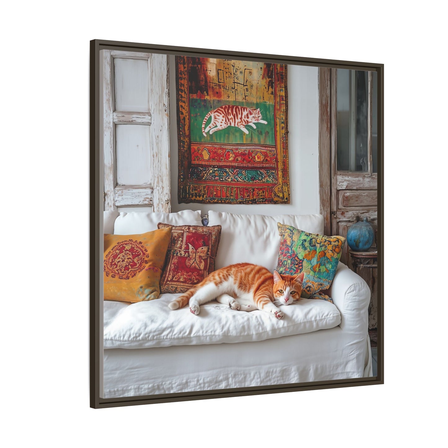 Orange Tabby "House Cat" Sleeping Ginger Cat Sofa Photo Framed Canvas