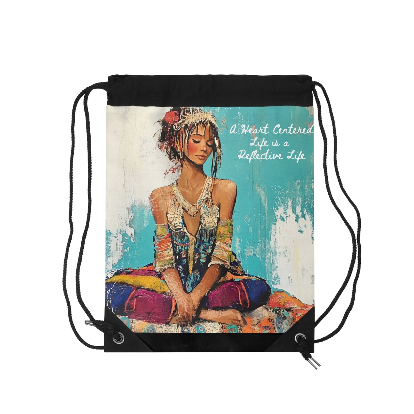 Bohemian Meditating Woman Drawstring Bag Yoga Art, Reflective Life