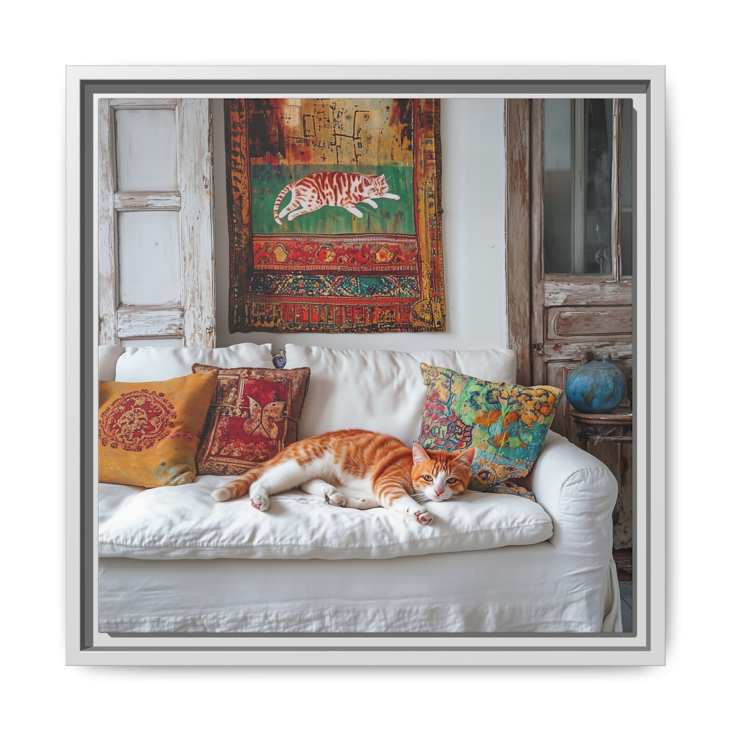 Orange Tabby "House Cat" Sleeping Ginger Cat Sofa Photo Framed Canvas