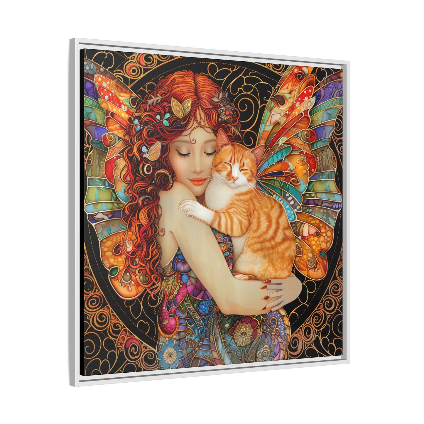 Framed "Tabby"  Fantasy Canvas Art Print - Whimsical Wall Decor, Fairy and Cat Illustration, Magical Gift for Cat Lovers