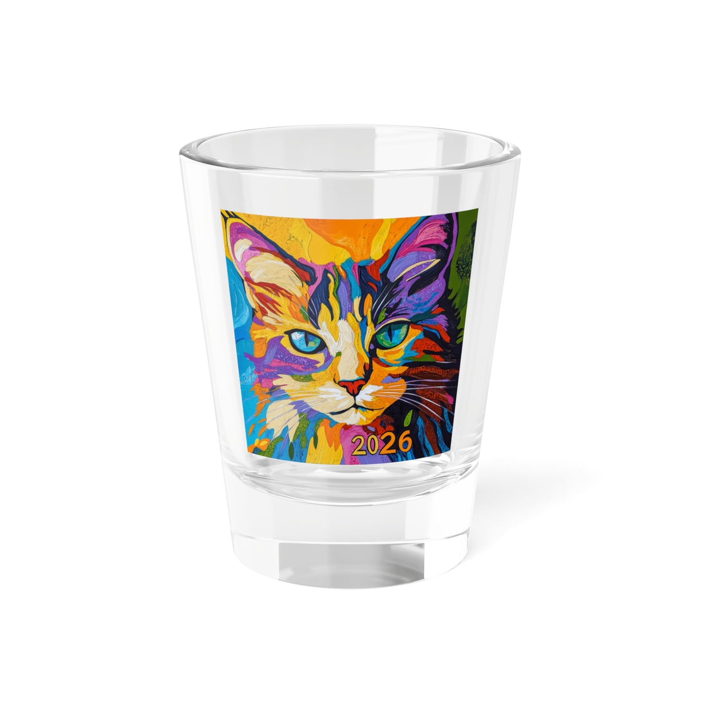 Happy New Year Colorful Pop Art Cat 2026 Shot Glass | Vibrant Feline Illustration
