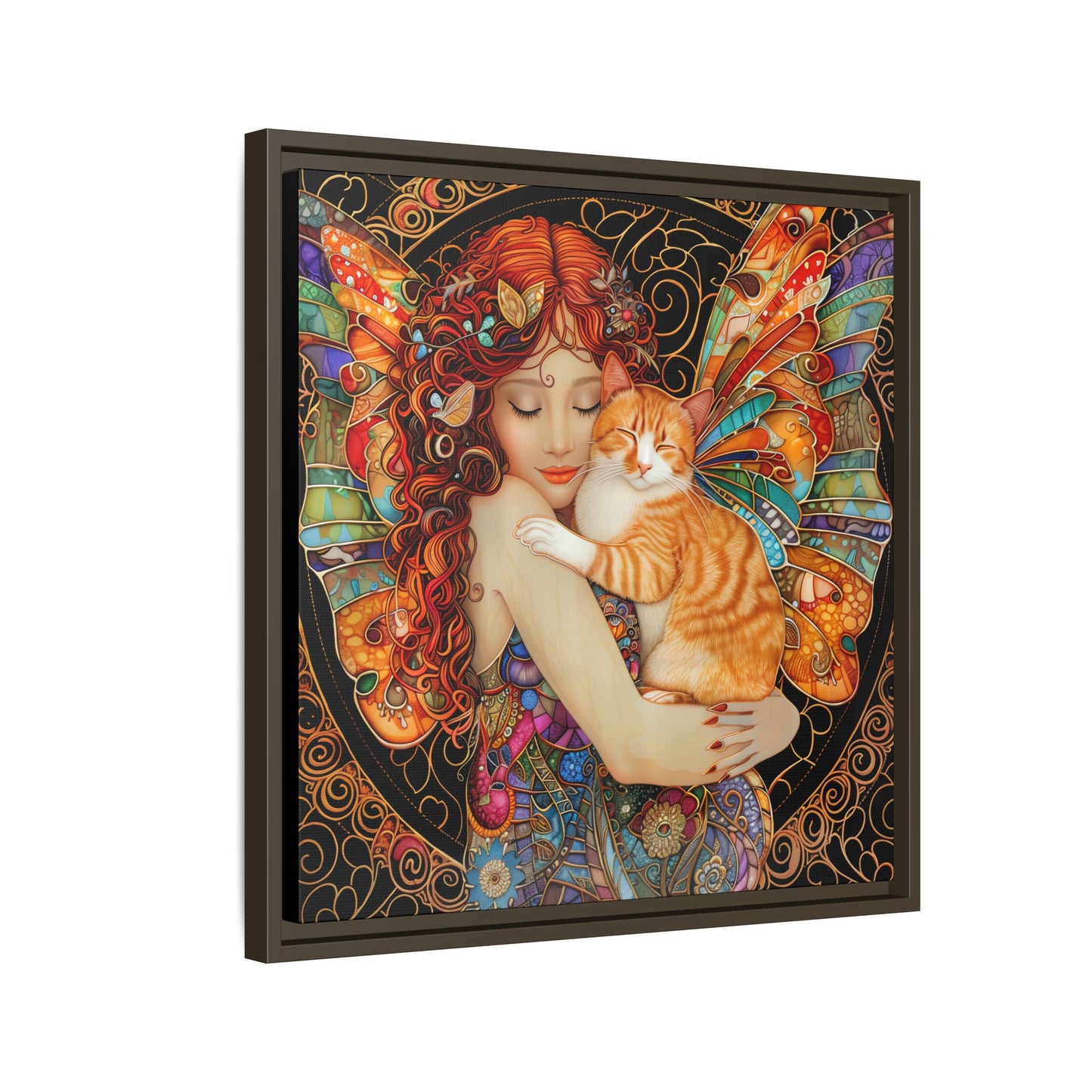 Framed "Tabby"  Fantasy Canvas Art Print - Whimsical Wall Decor, Fairy and Cat Illustration, Magical Gift for Cat Lovers