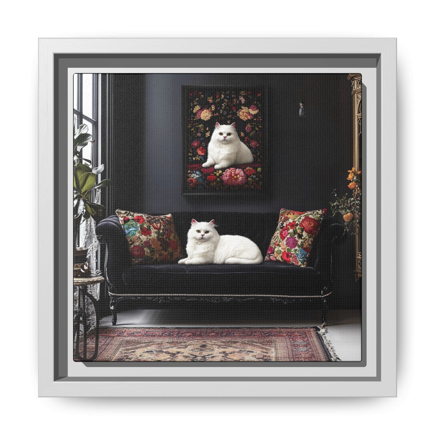 White Persian "House Cat" Portrait Matte Canvas Framed | Floral Still Life Wall Art