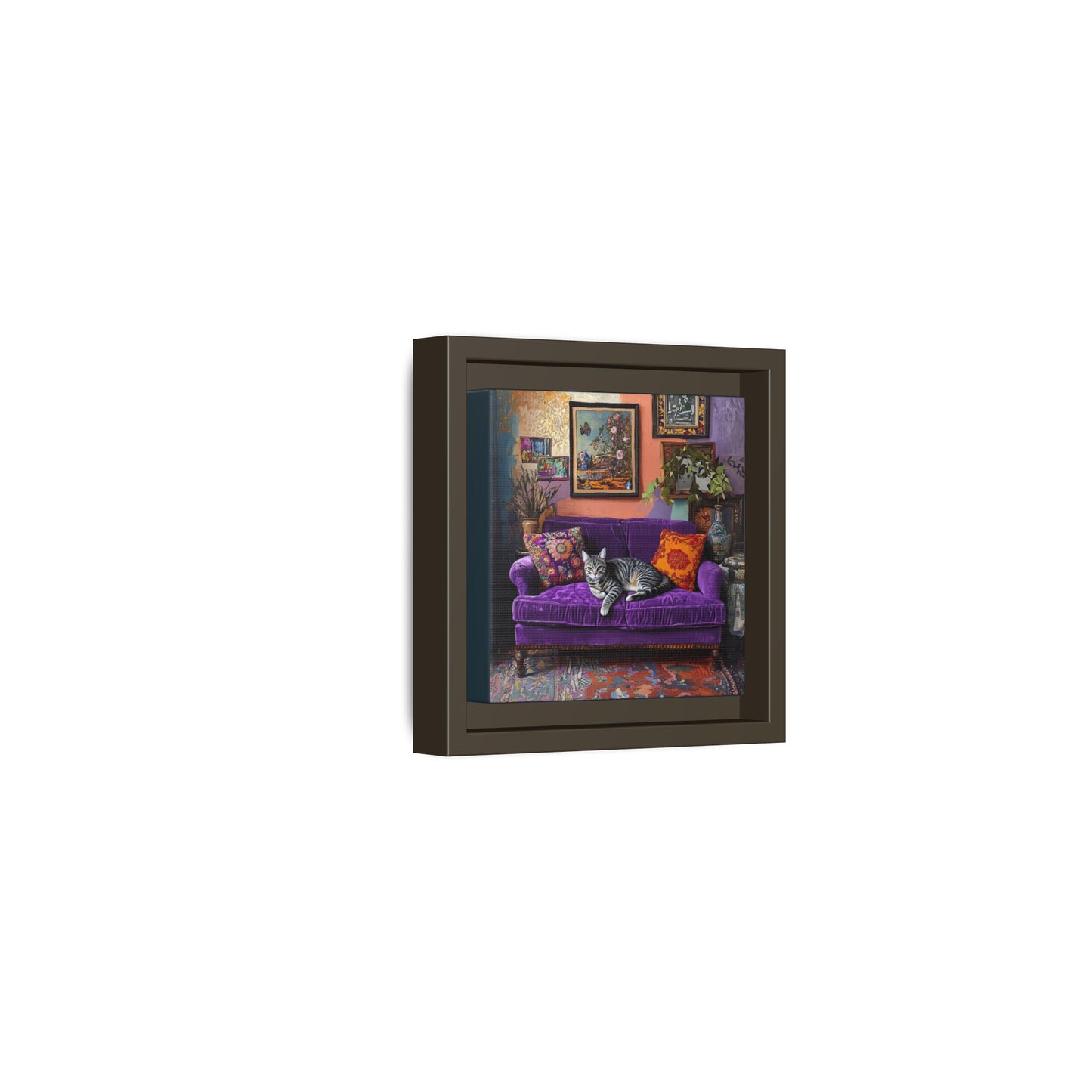 Tabby "House Cat" on Purple Velvet Sofa Matte Canvas Framed | Wall Art