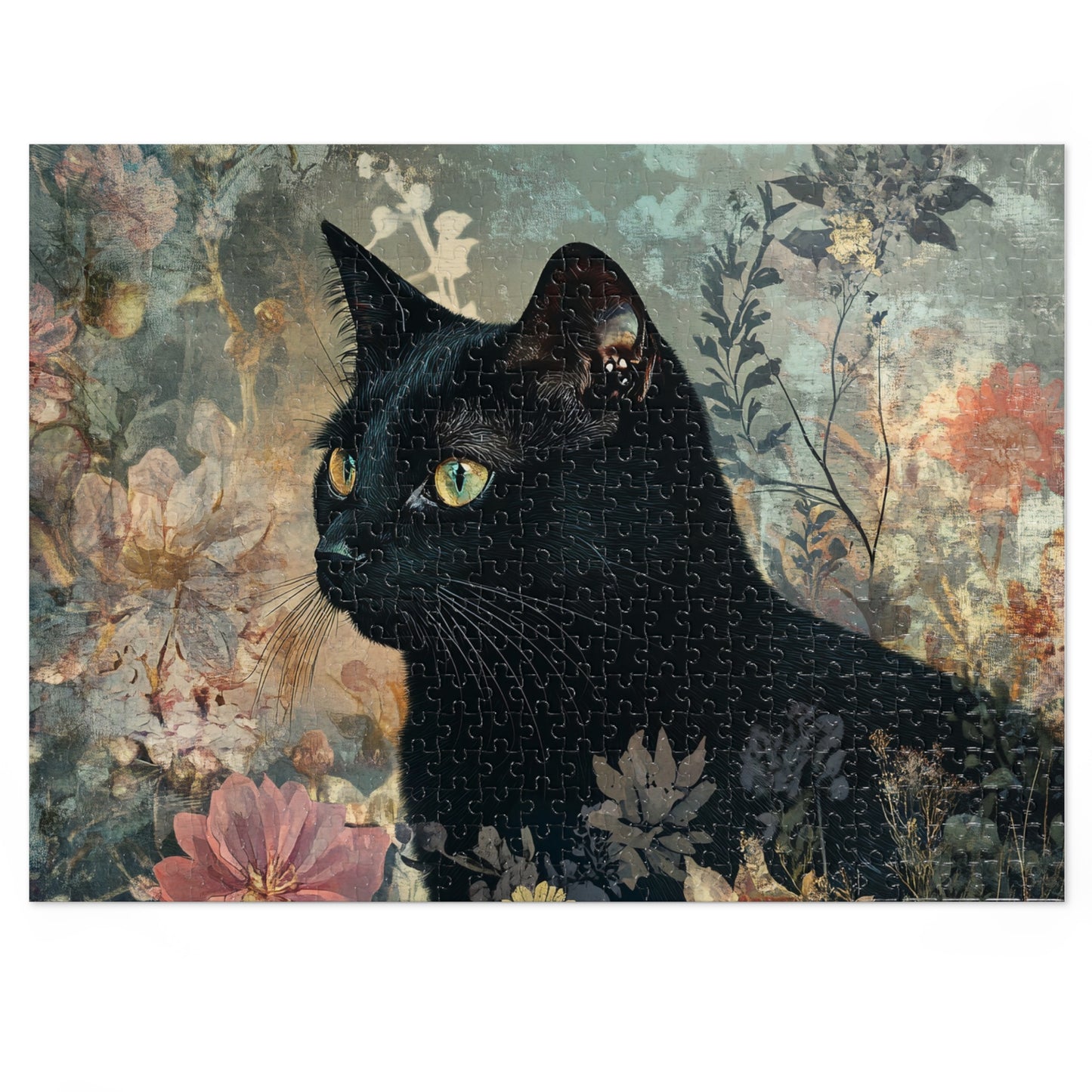 Black Cat Floral Art Jigsaw Puzzle with Tin