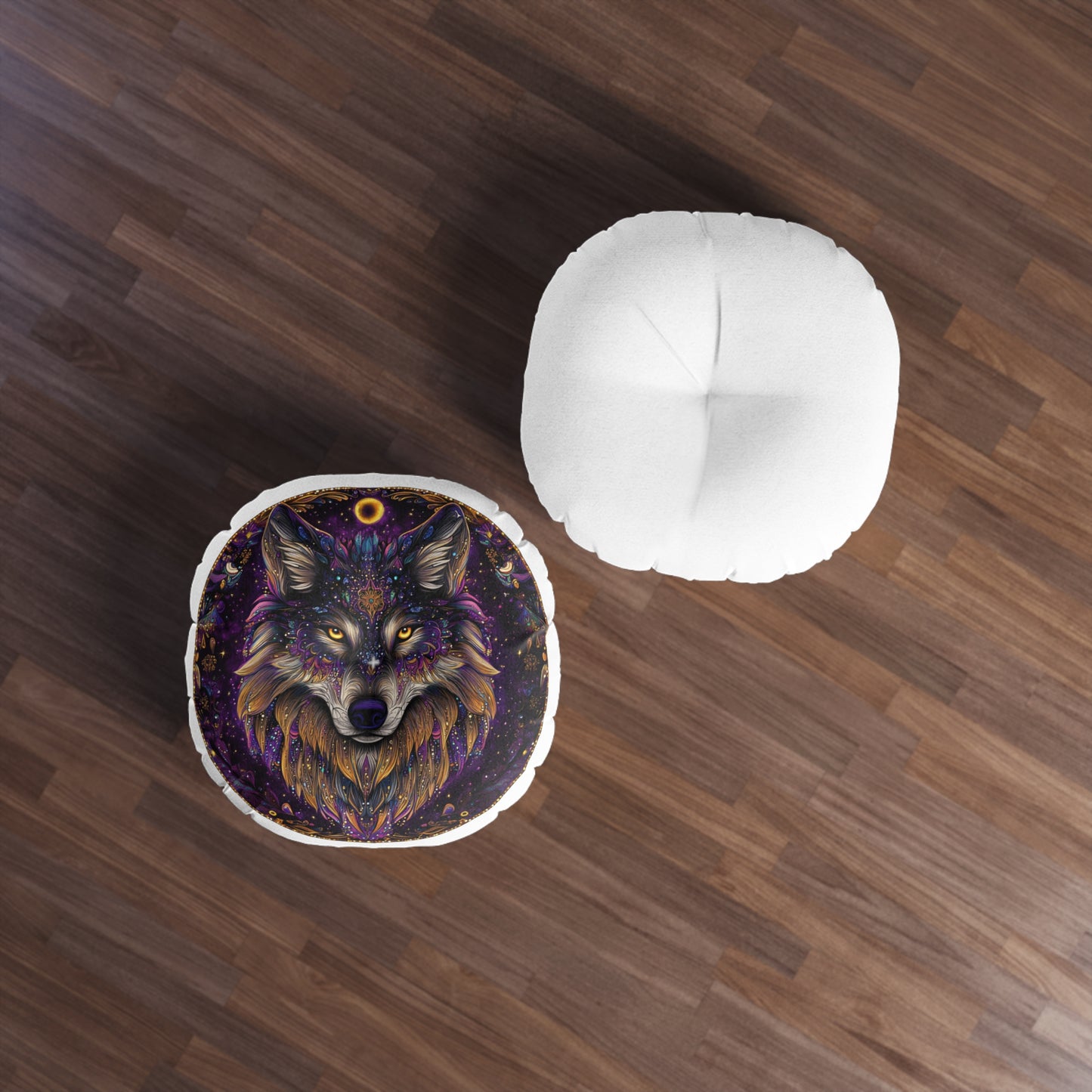 Mystical Wolf Tufted Floor Pillow, Round Decorative Cushion, Boho Living Room Decor, Cozy Meditation Pillow, Unique Gift Idea