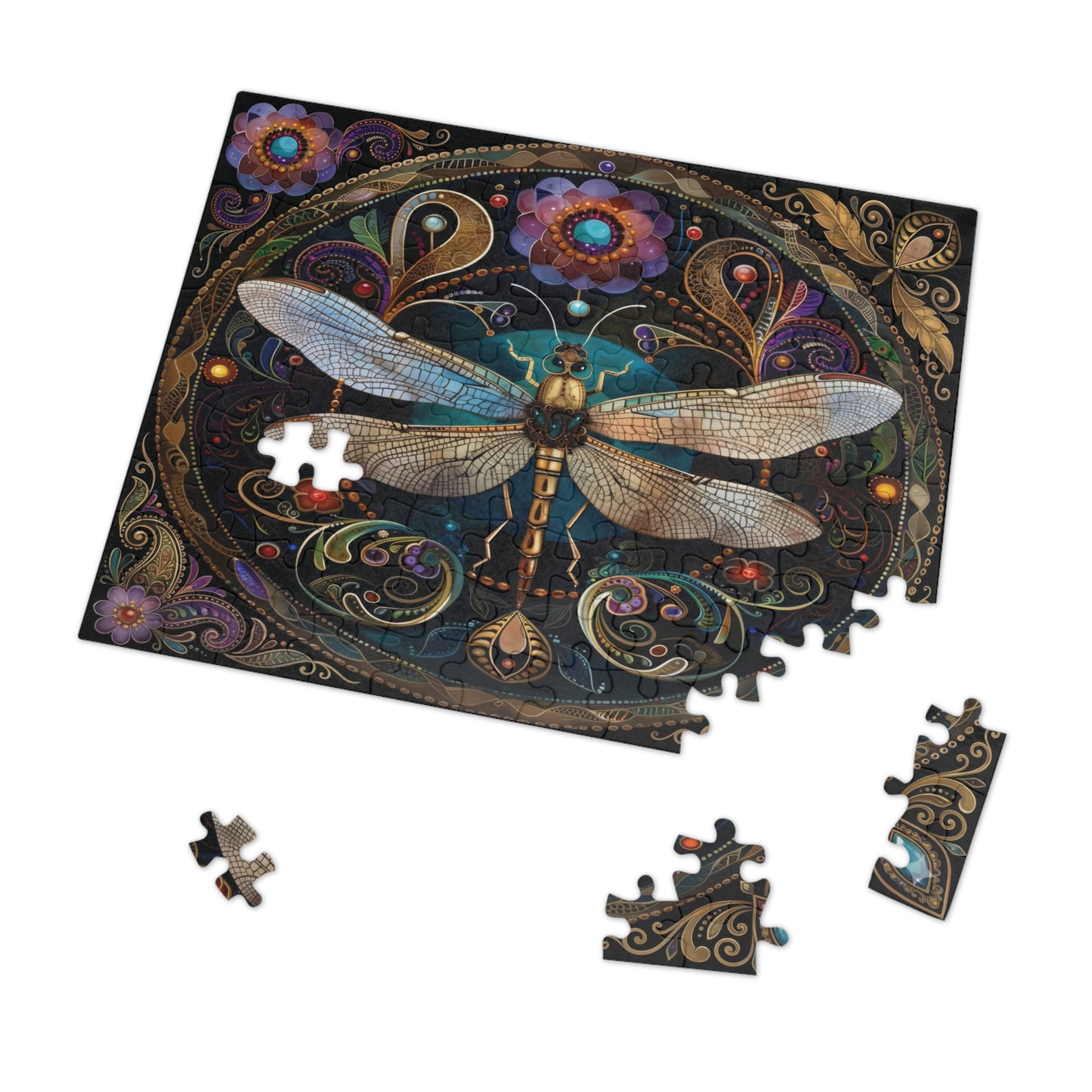 Ornate Dragonfly Jigsaw Puzzle with Tin | Ornate Floral Mosaic