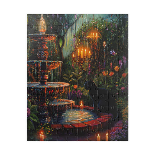 Enchanted Garden Fountain Black Cat puzzle | 520-piece jigsaw, candlelit forest scene