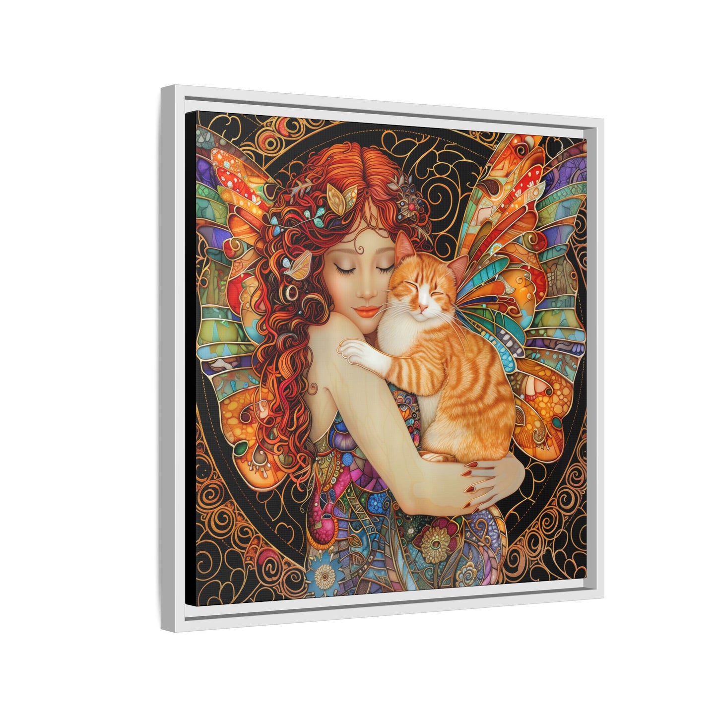 Framed "Tabby"  Fantasy Canvas Art Print - Whimsical Wall Decor, Fairy and Cat Illustration, Magical Gift for Cat Lovers