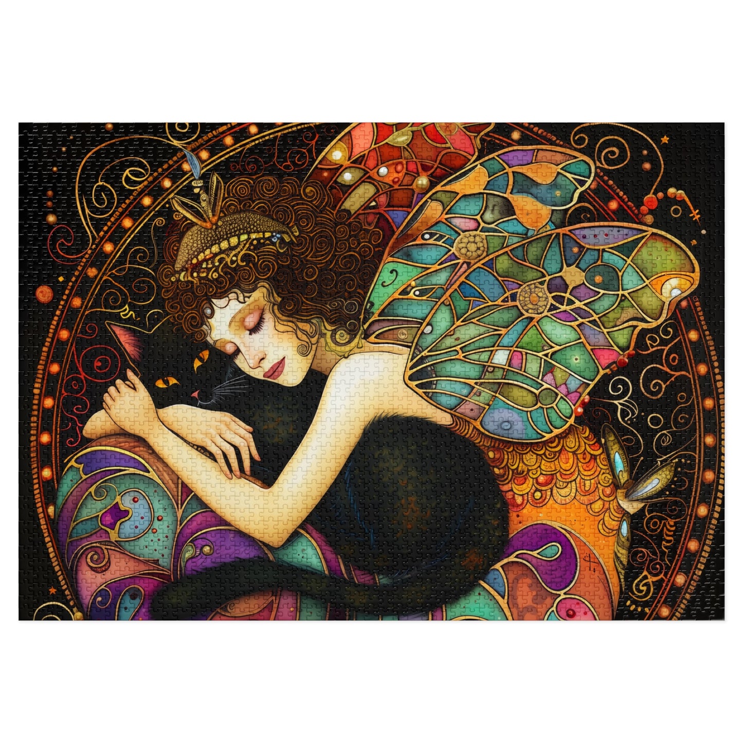 Sleeping Fairy with Black Cat Jigsaw Puzzle