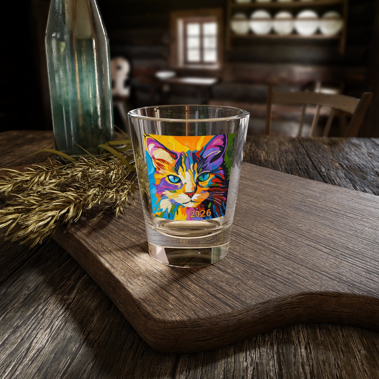 Happy New Year Colorful Pop Art Cat 2026 Shot Glass | Vibrant Feline Illustration