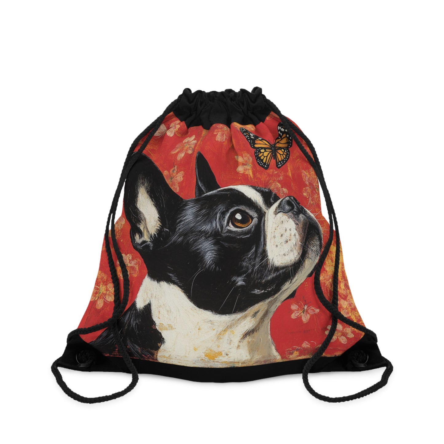 Boston Terrier and Monarch Butterfly Drawstring Bag | Dog Art Backpack