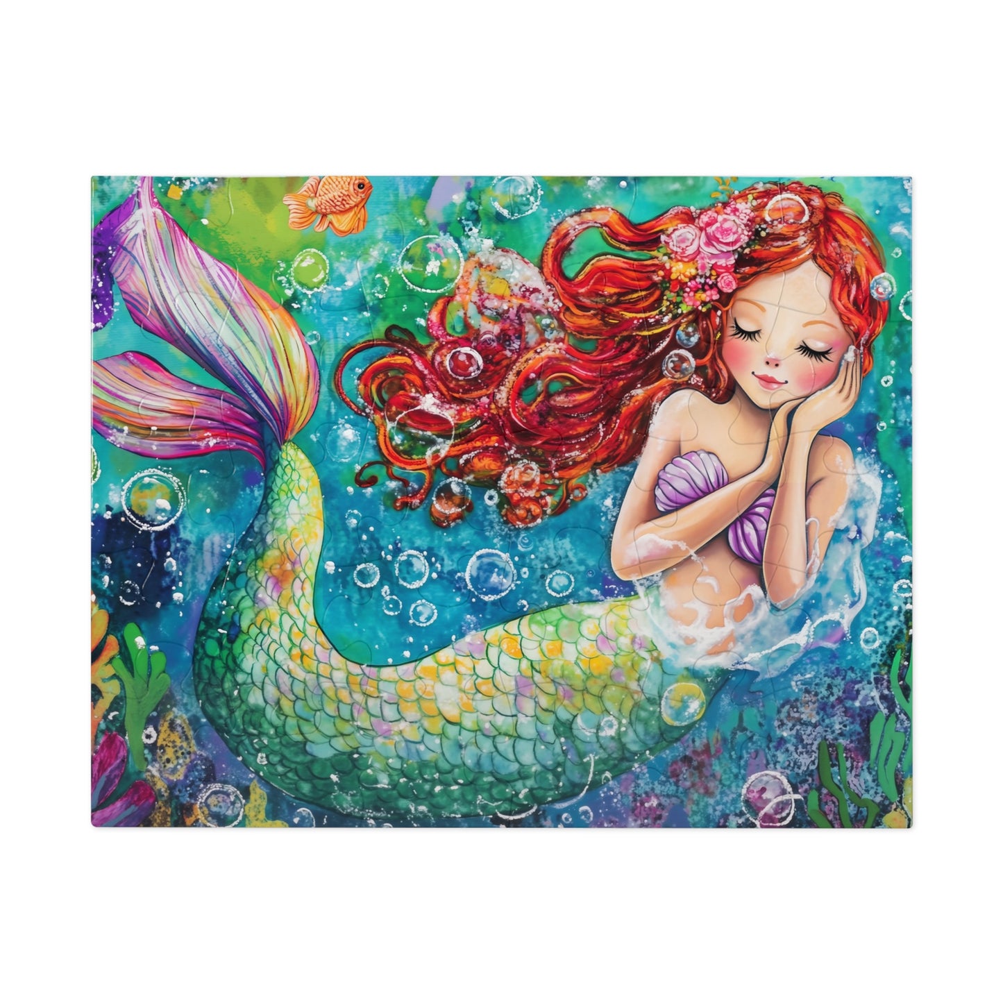 Whimsical Redhead Mermaid Jigsaw Puzzle with Tin | Colorful Underwater Scene