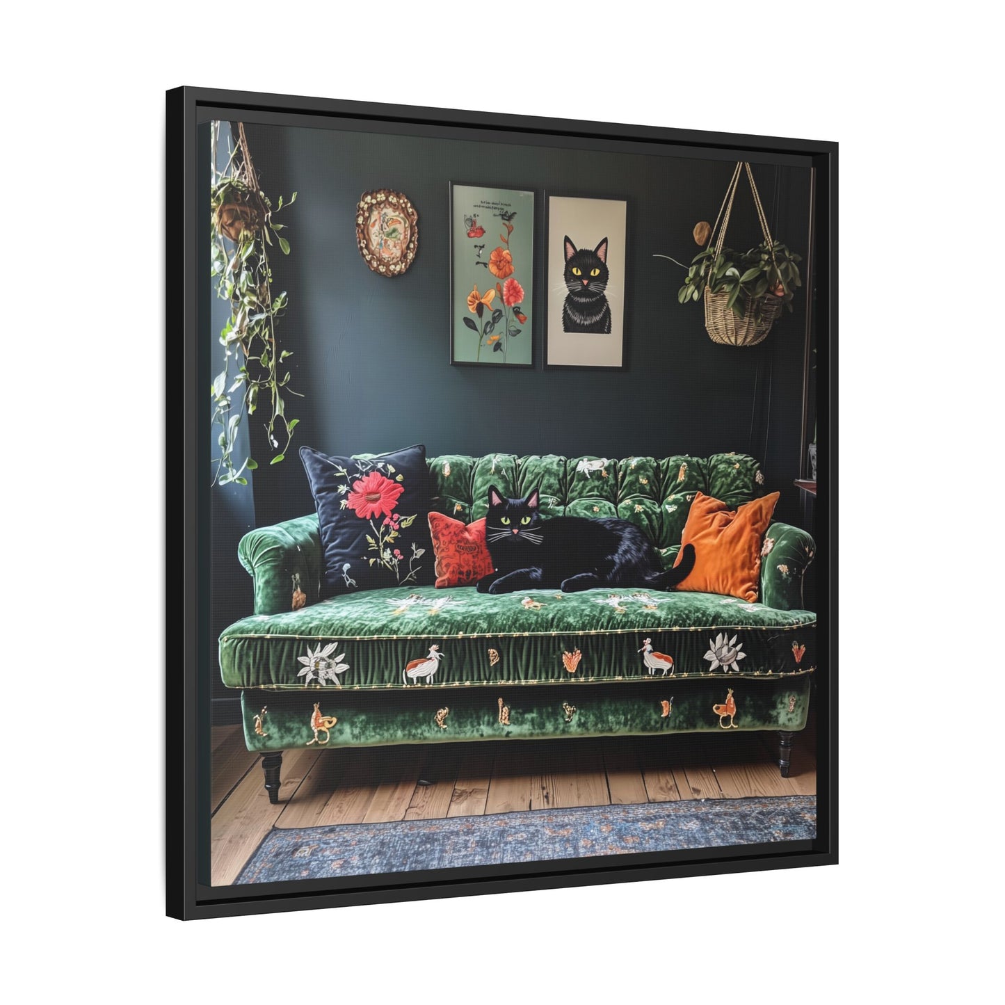 Black "House Cat" Living Room Art Matte Canvas Framed, Green Sofa Boho