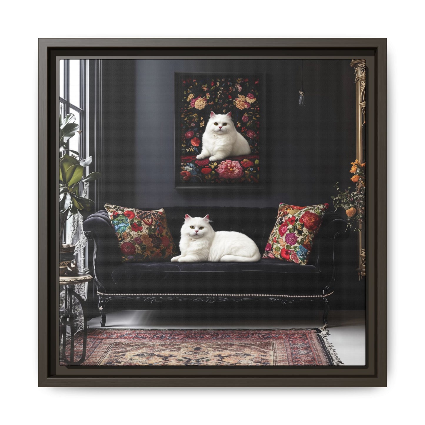 White Persian "House Cat" Portrait Matte Canvas Framed | Floral Still Life Wall Art