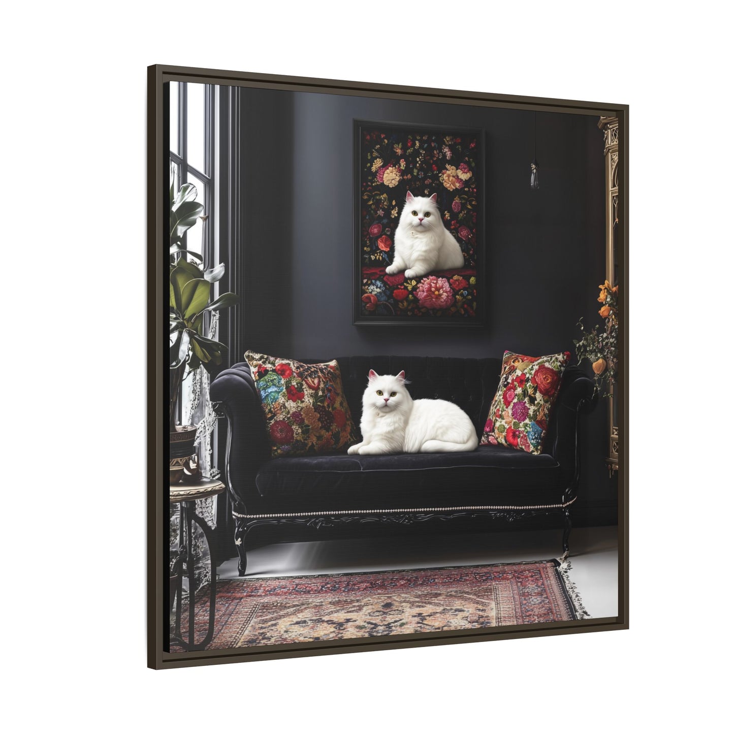 White Persian "House Cat" Portrait Matte Canvas Framed | Floral Still Life Wall Art