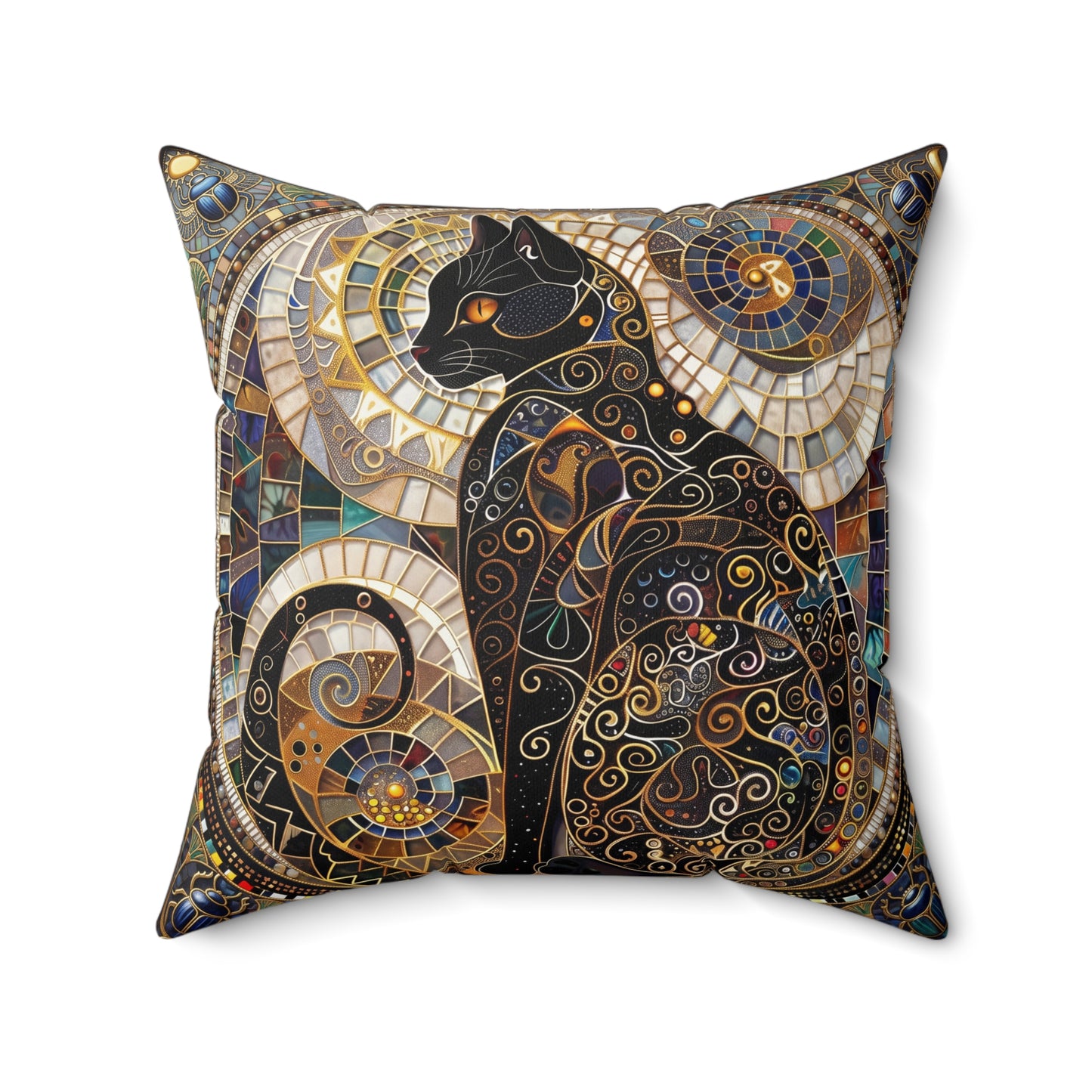 Mosaic Black Cat Pillow  Faux Suede Square Pillow