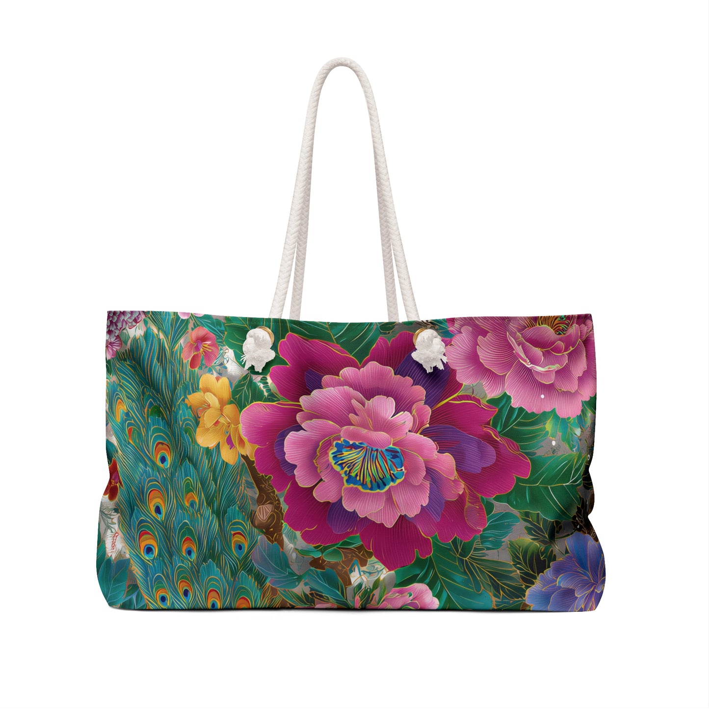 Chino Peacock Floral Weekender Bag  Vibrant Botanical Peacock Tote