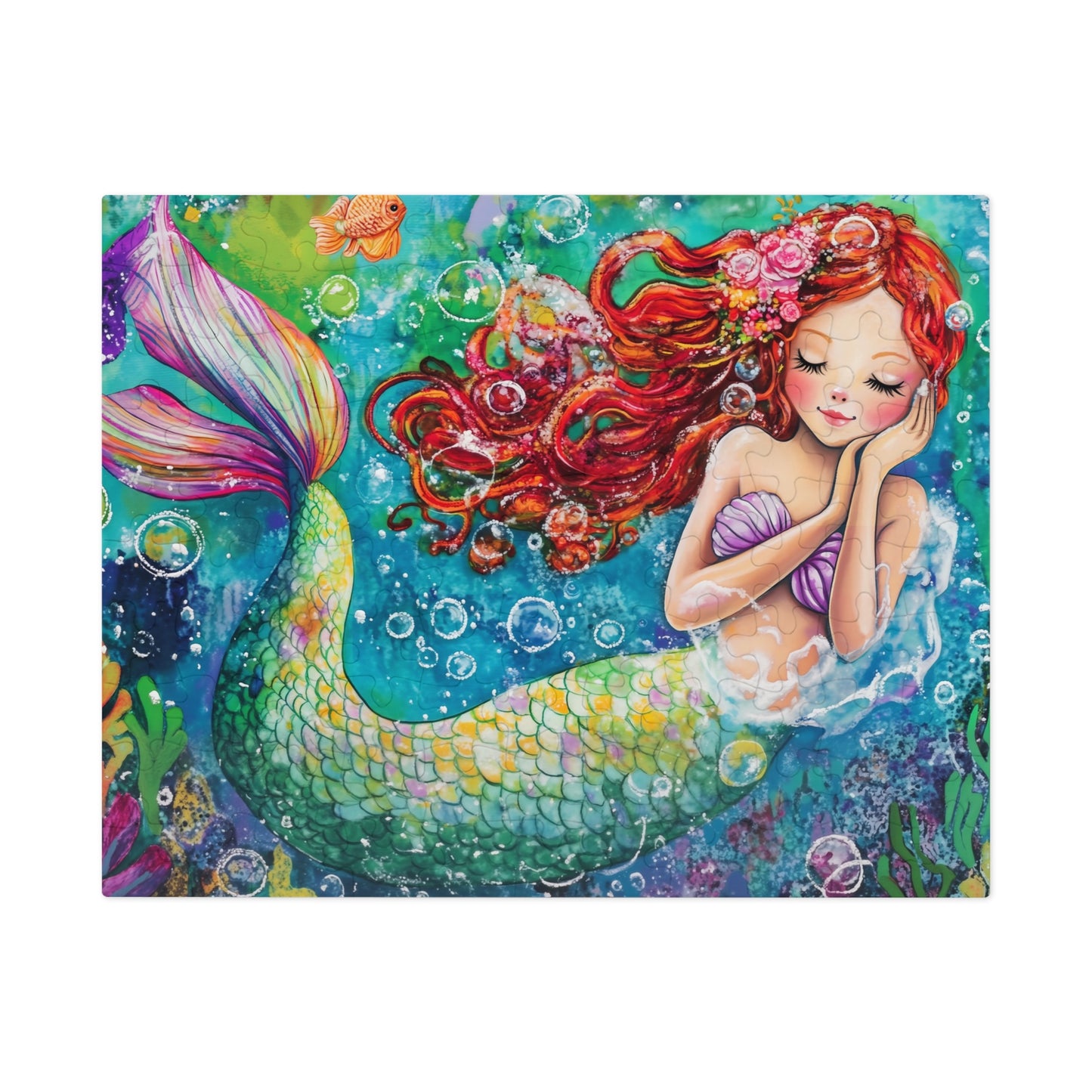Whimsical Redhead Mermaid Jigsaw Puzzle with Tin | Colorful Underwater Scene