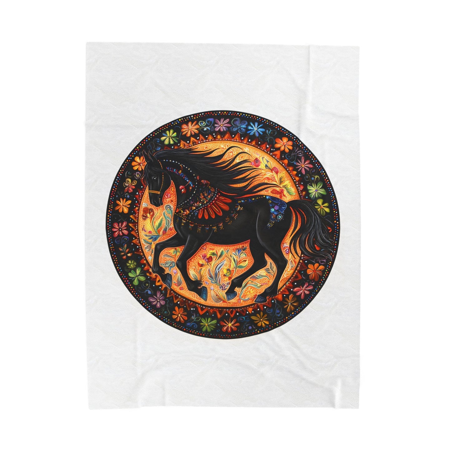 Bohemian Black Horse Velveteen Plush Blanket, Cozy Throw, Vibrant Decor, Equine Lover Gift, Soft Home Accents, Unique Wall Art