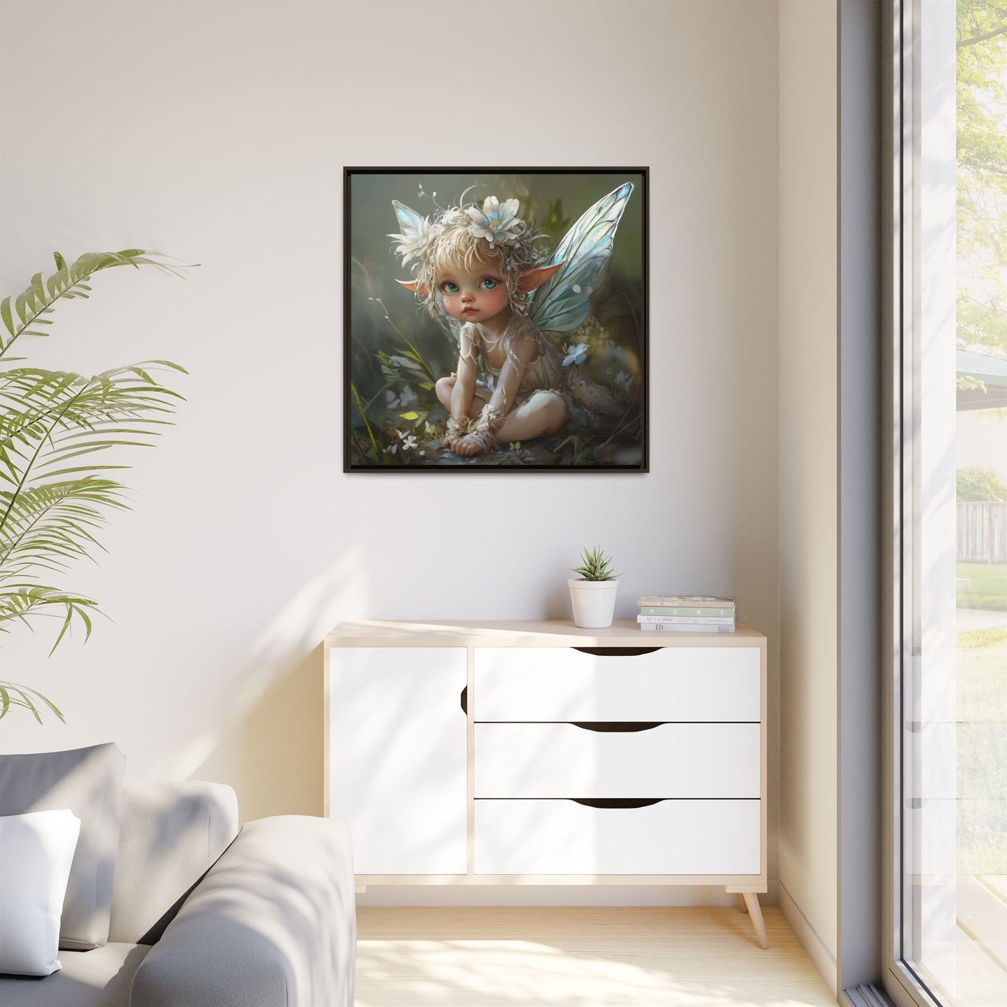 Baby Fairy Art Print, Framed Canvas, Whimsical Home Decor, Fairy Tale Gift, Magical Nursery Wall Art