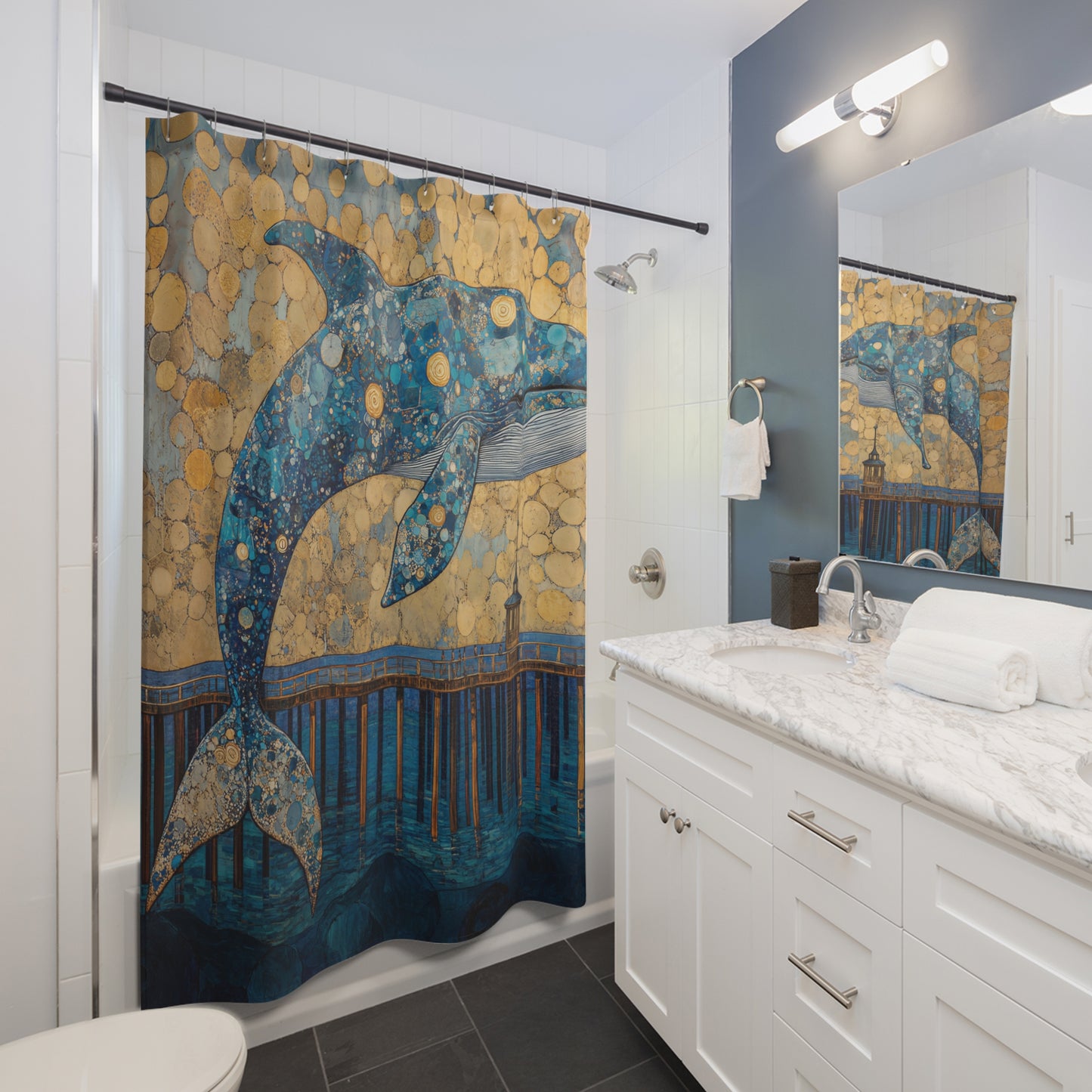 Whale Pier Shower Curtain — Nautical Blue Gold Whale Art for Ocean-Themed Bathroom