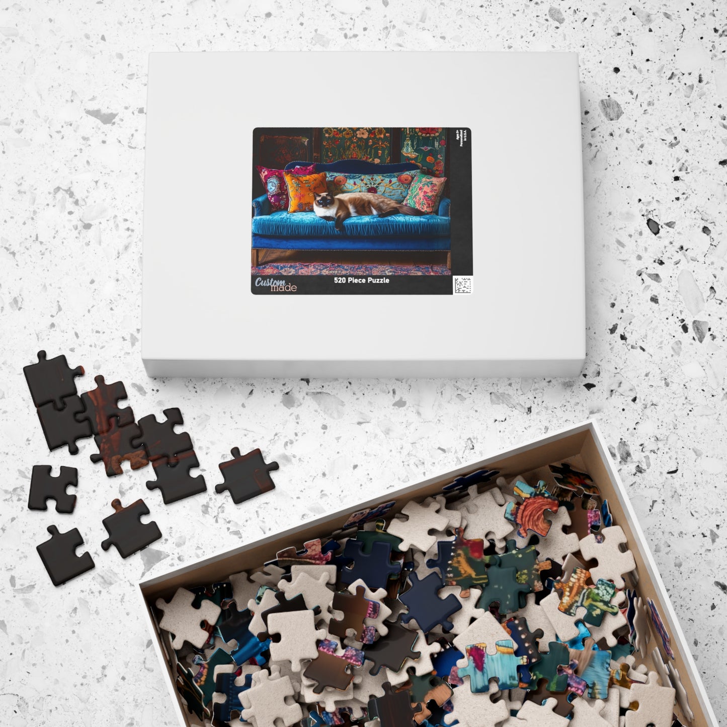 Siamese "House Cat" on Blue Velvet Sofa Puzzle | 252/520/1014-piece Jigsaw