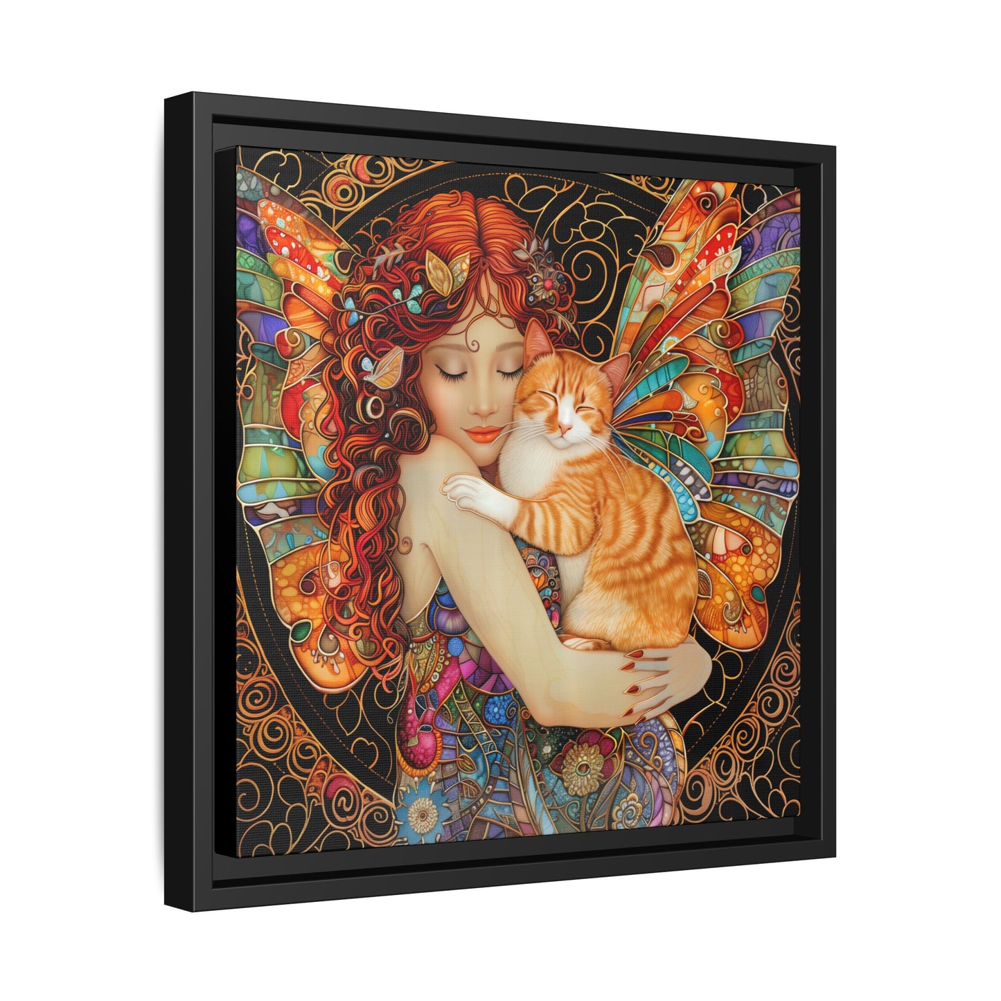 Framed "Tabby"  Fantasy Canvas Art Print - Whimsical Wall Decor, Fairy and Cat Illustration, Magical Gift for Cat Lovers