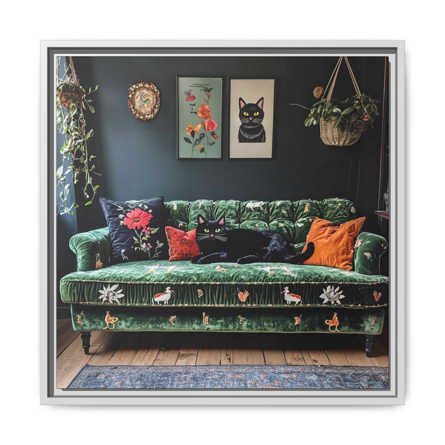 Black "House Cat" Living Room Art Matte Canvas Framed, Green Sofa Boho