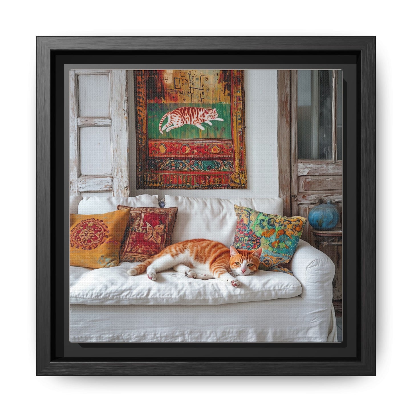 Orange Tabby "House Cat" Sleeping Ginger Cat Sofa Photo Framed Canvas