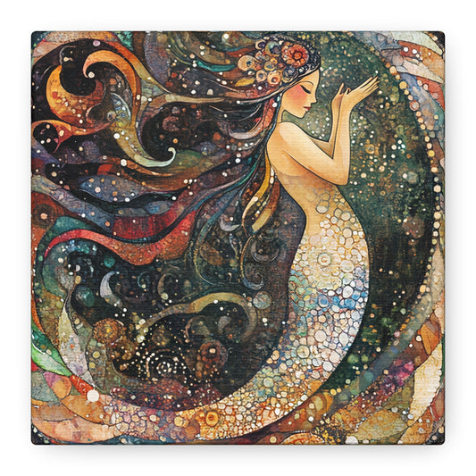 Autumnl Mermaid Canvas Art, Stretched Wall Decor, Bohemian Home Accent, Unique Gift for Sea Lovers, Nautical Art Piece, Coastal Room Decor