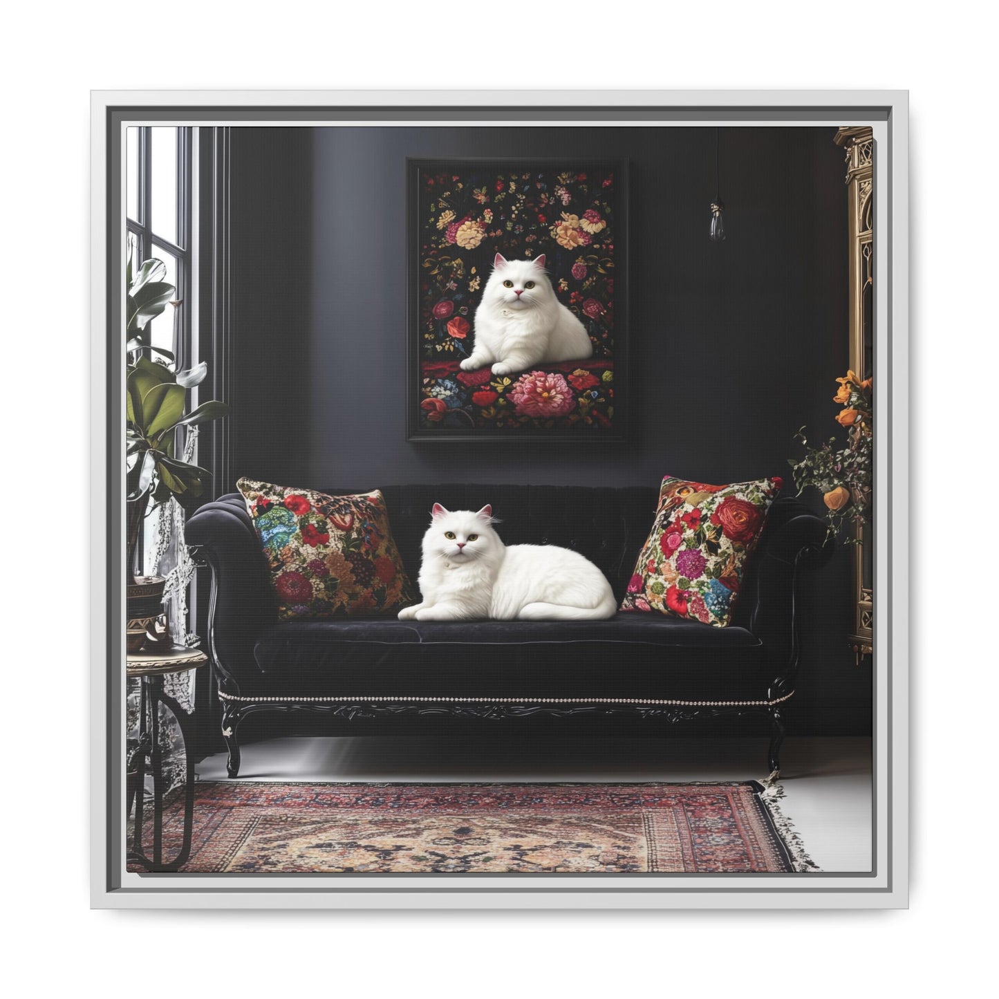 White Persian "House Cat" Portrait Matte Canvas Framed | Floral Still Life Wall Art