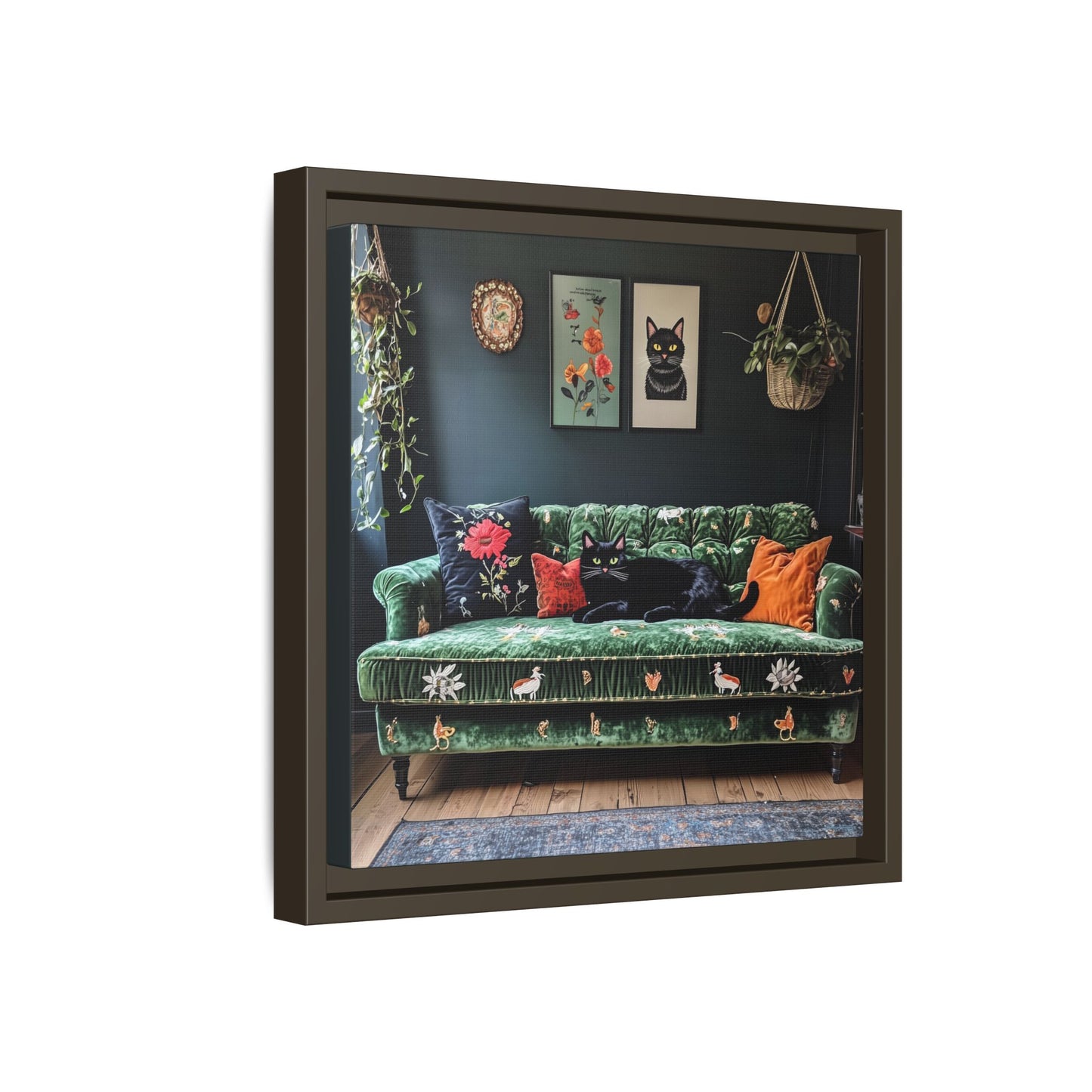 Black "House Cat" Living Room Art Matte Canvas Framed, Green Sofa Boho