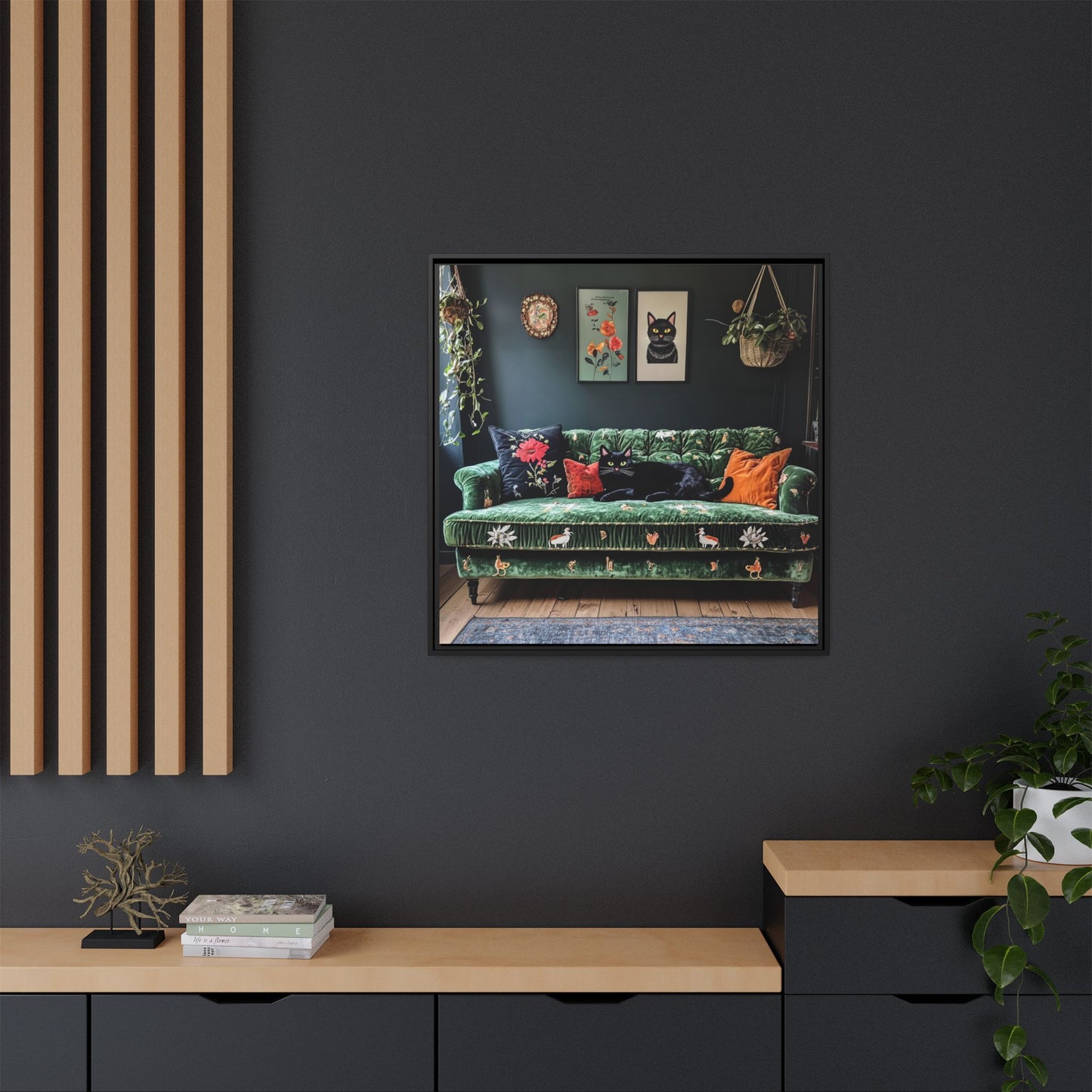 Black "House Cat" Living Room Art Matte Canvas Framed, Green Sofa Boho