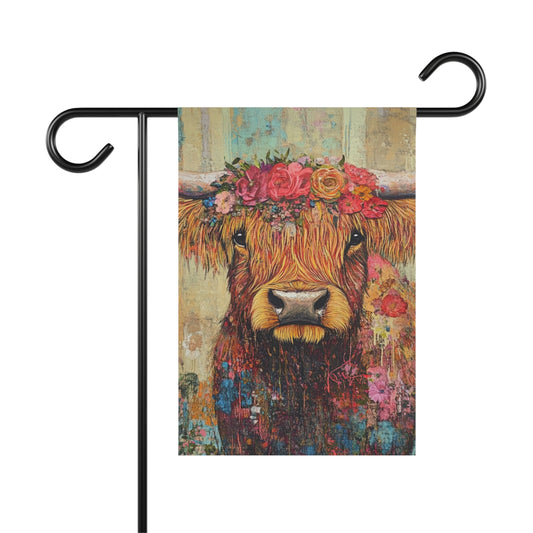 Floral Highland Cow Garden Banner, Outdoor Decor, Farmhouse Style Flag, Ranch Decor, Spring and Summer Decor, Gift for Garden Lovers