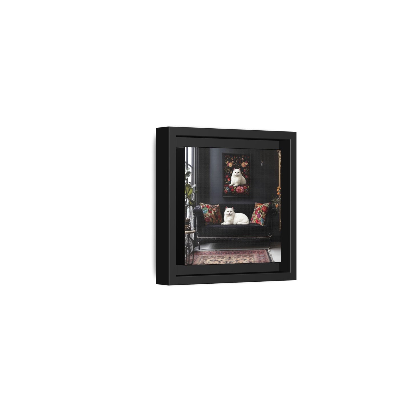 White Persian "House Cat" Portrait Matte Canvas Framed | Floral Still Life Wall Art