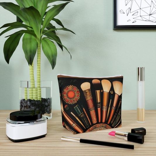 Artistic Vintage Look Makeup Bag, Bohemian Cosmetic Pouch, Travel Toiletry Case, Gift for Beauty Lovers, Vintage Brush Design