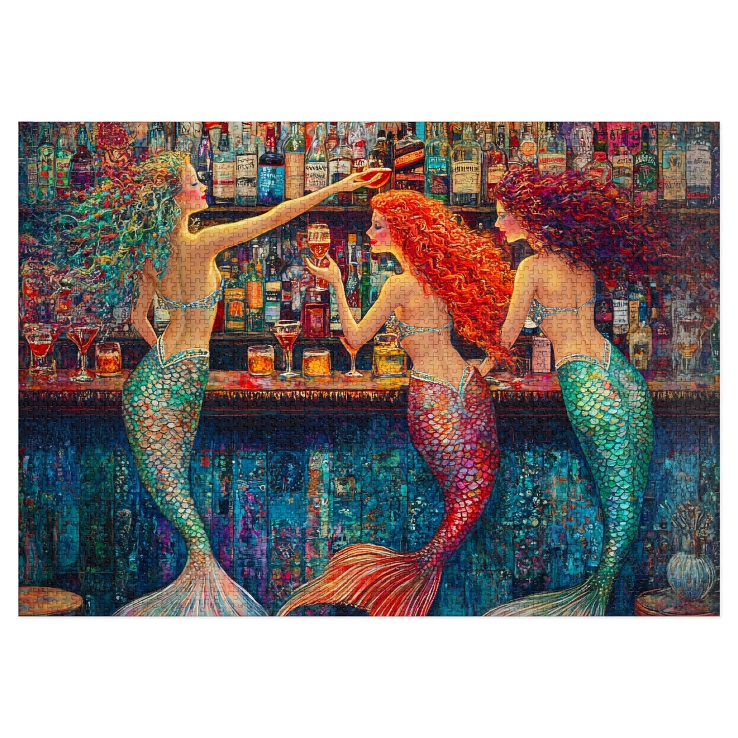 Mermaid Bar Scene Jigsaw Puzzle with Tin | Colorful Ocean Sirens