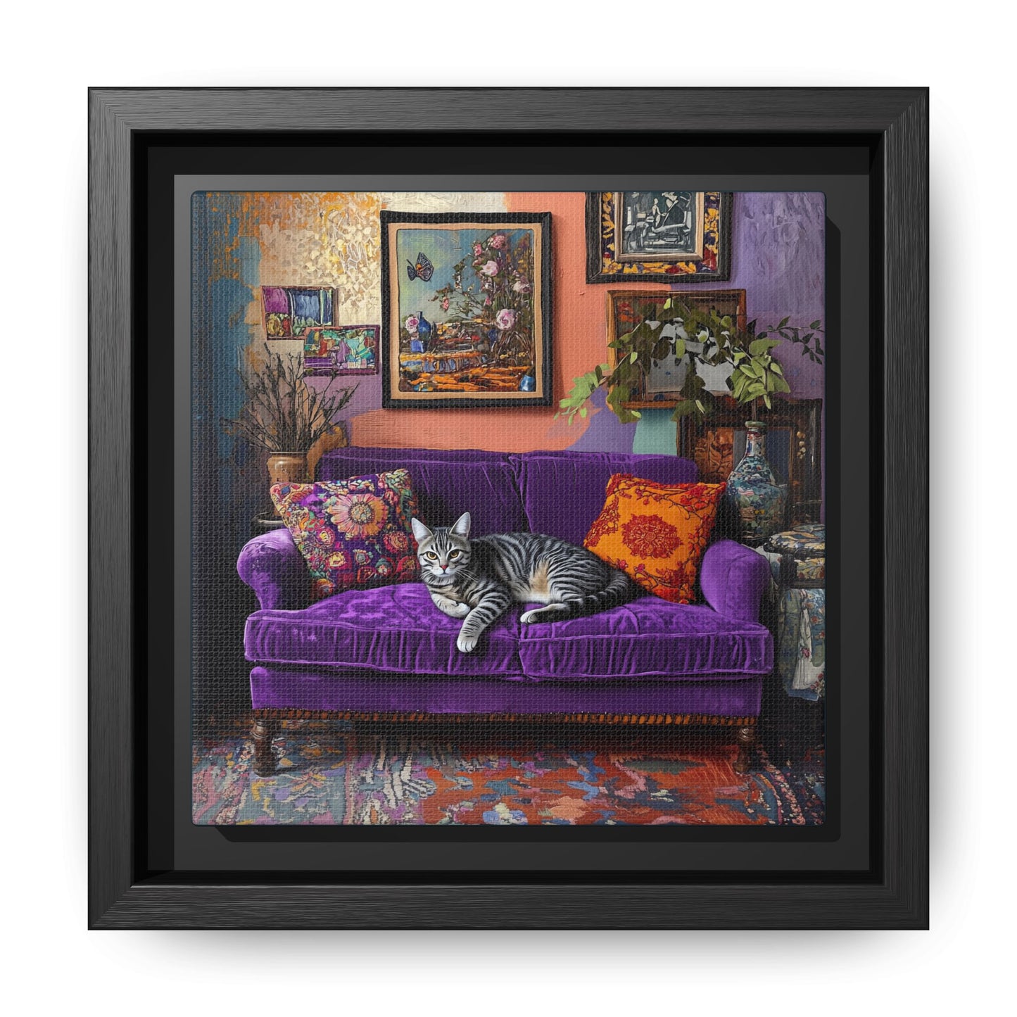 Tabby "House Cat" on Purple Velvet Sofa Matte Canvas Framed | Wall Art