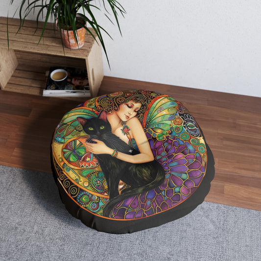 Spellbound Fairy Tufted Floor Pillow, Cozy Décor, Boho Living Room Cushion, Unique Gift for Cat Lovers, Artful Home Accent