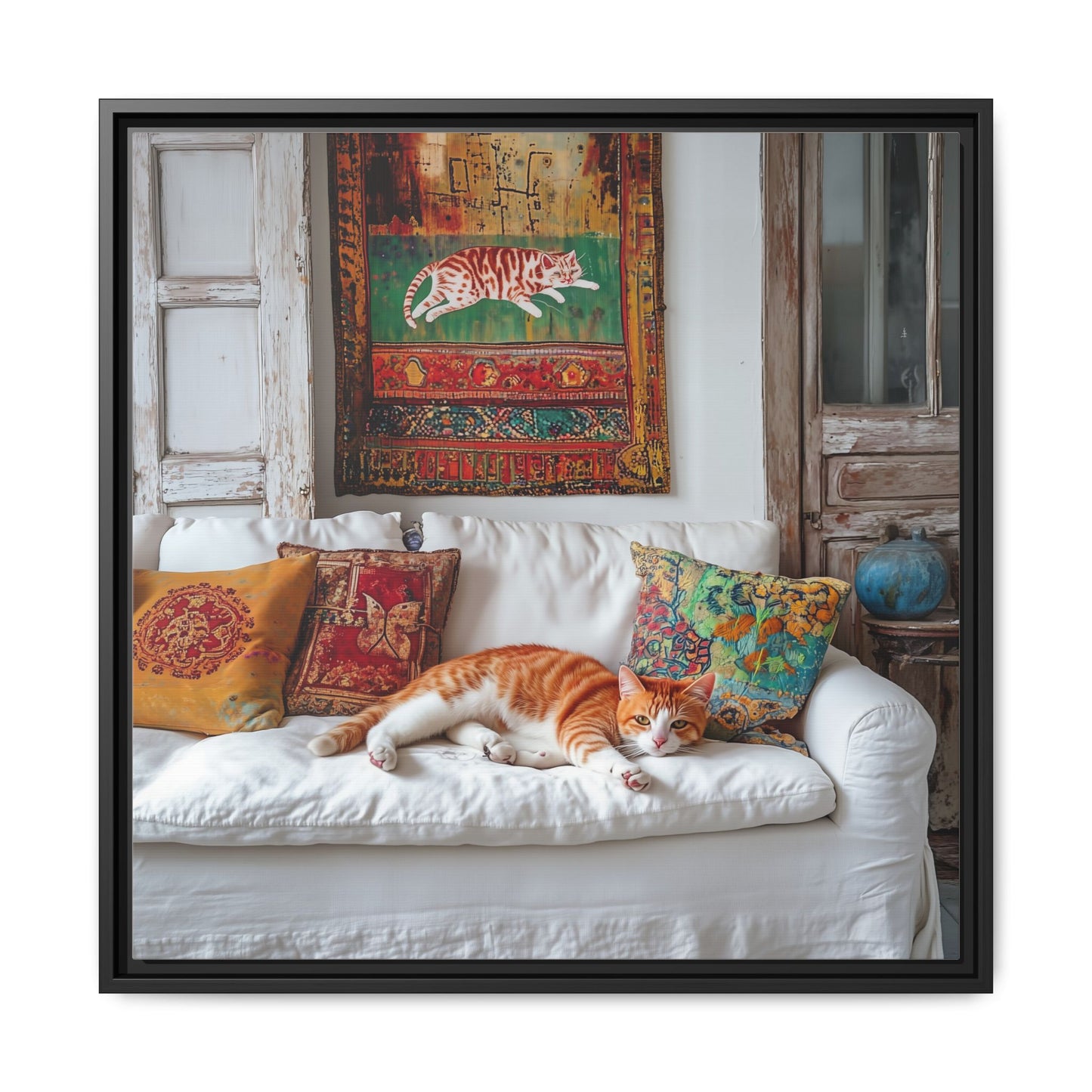Orange Tabby "House Cat" Sleeping Ginger Cat Sofa Photo Framed Canvas
