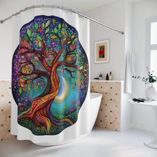 Dancing Bohemian Tree of Life Shower Curtain | Colorful Nature Decor, Boho Bathroom Art, Gift for Nature Lovers, Eco-Friendly Home Decor