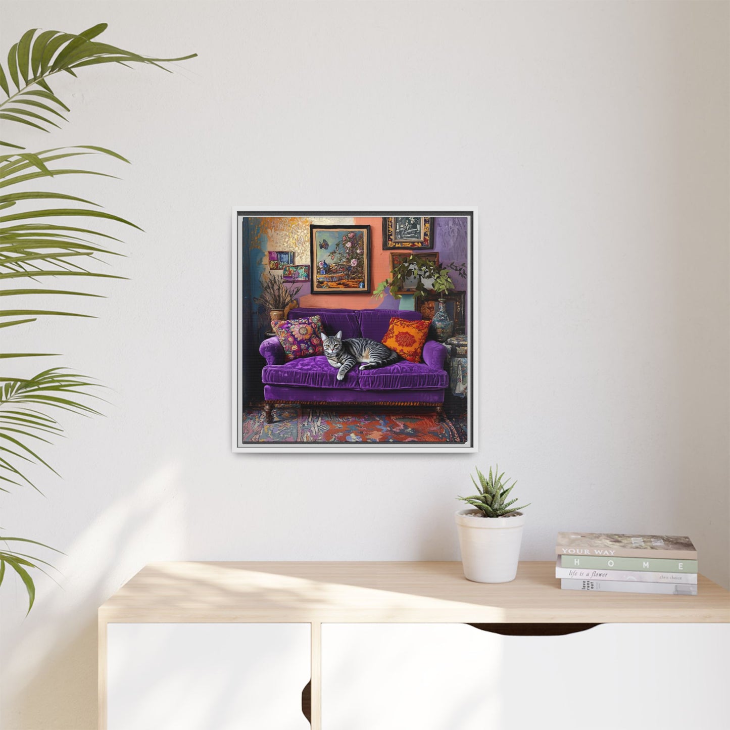 Tabby "House Cat" on Purple Velvet Sofa Matte Canvas Framed | Wall Art